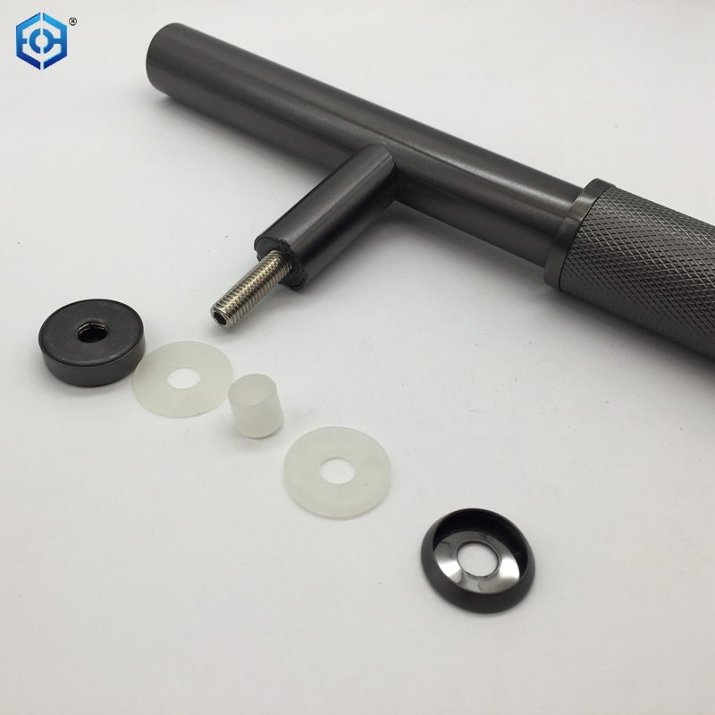 Tirador de puerta de vidrio de un solo lado con barra en T moleteada de acero inoxidable gris