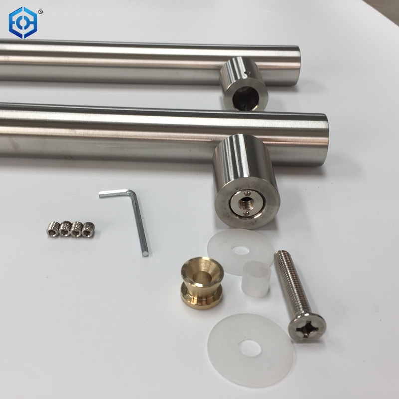 Manija de puerta de vidrio personalizada OEM de vaivén de vidrio de acero inoxidable duradero, tubo redondo en forma de H