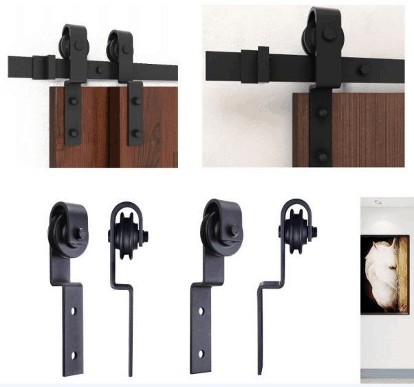 Desvío Correa clásica Desvío Kit de puerta de madera Desvío de herrajes para puertas de madera de granero corredizo Kit de riel corredizo de granero negro Rustick